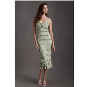 V. Chapman Green Ruffled Sheath Midi Dress